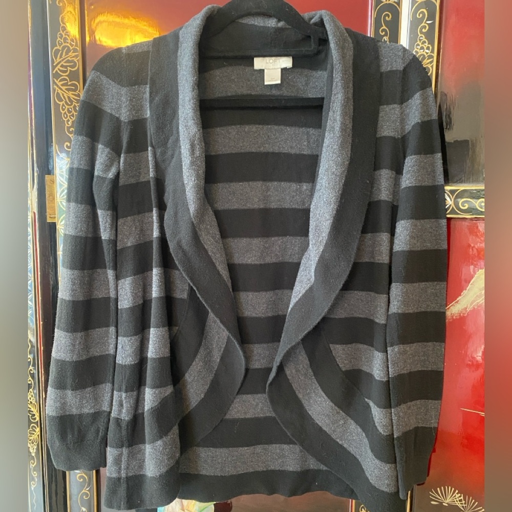 Ann Taylor LOFT Petites Black and Gray Striped Cardigan, size SP